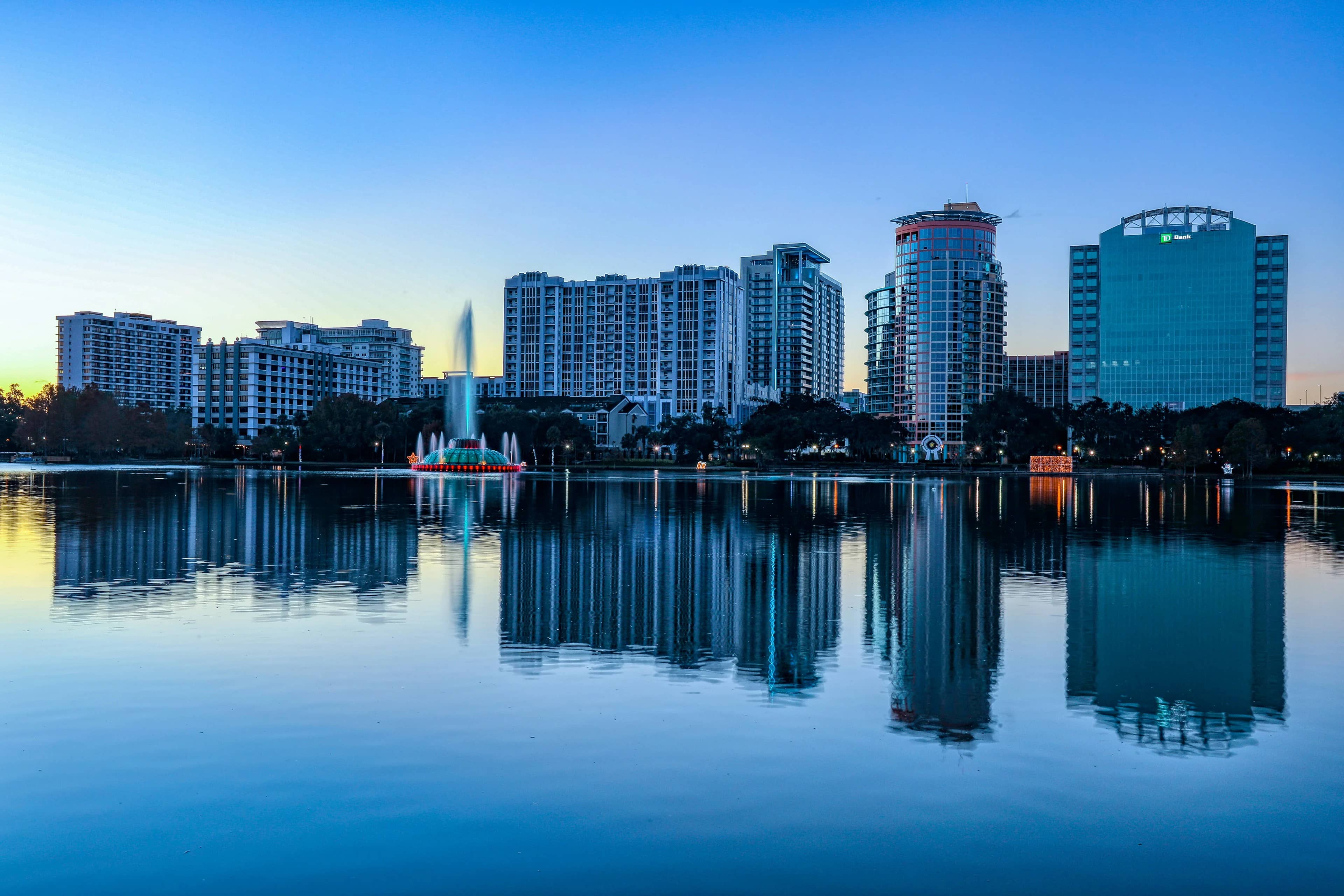 Orlando’s skyline across Lake Eola in daylight